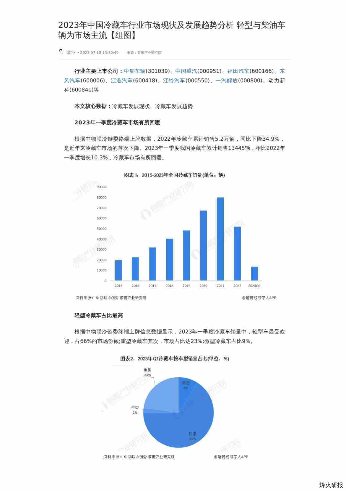 【前瞻研究院】2023年中国冷藏车行业市场现状及发展趋势分析 轻型与柴油车辆为市场主流【组图】.pdf-第一页