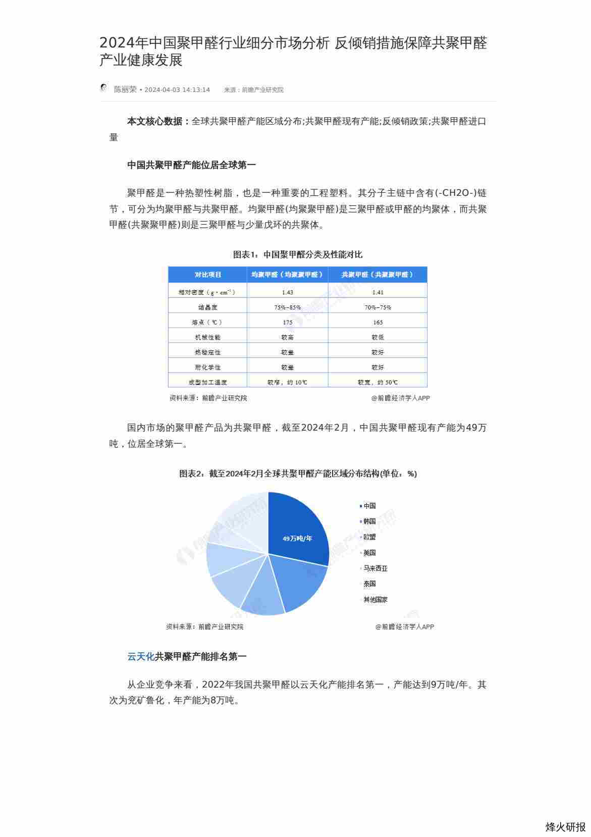 【前瞻研究院】2024年中国聚甲醛行业细分市场分析 反倾销措施保障共聚甲醛产业健康发展.pdf-第一页