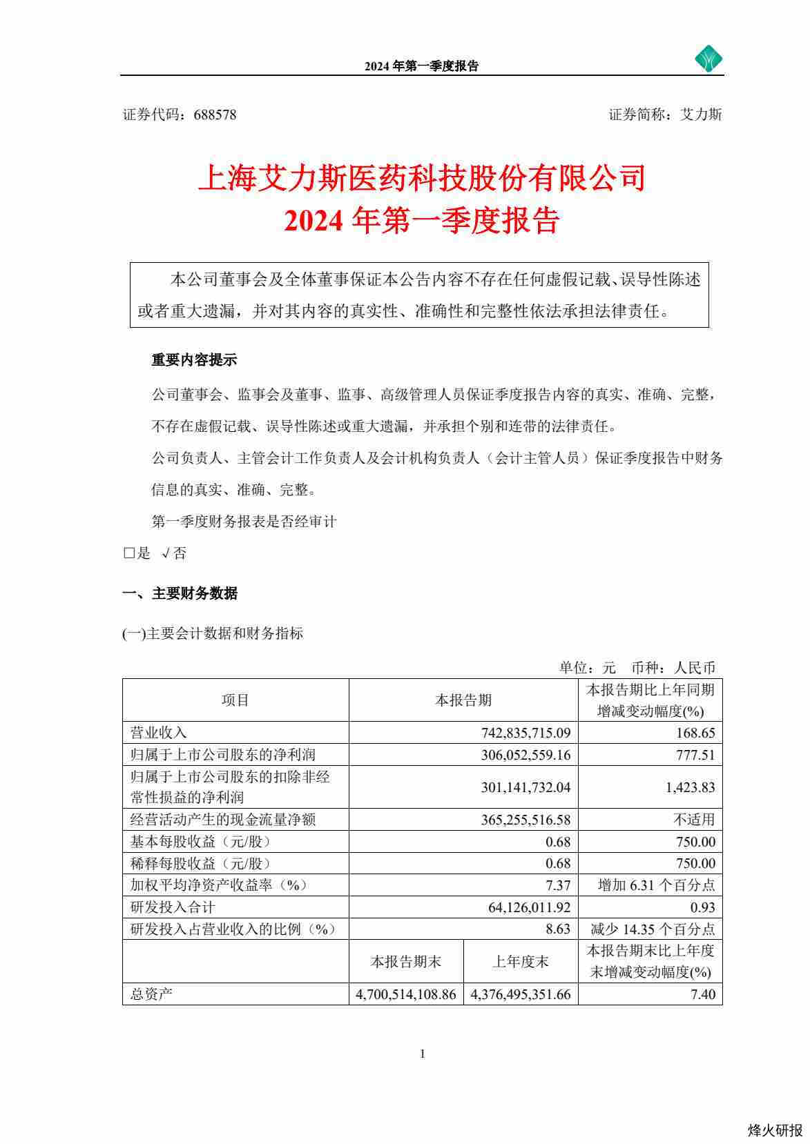 【财报】艾力斯：上海艾力斯医药科技股份有限公司2024年第一季度报告.pdf-第一页